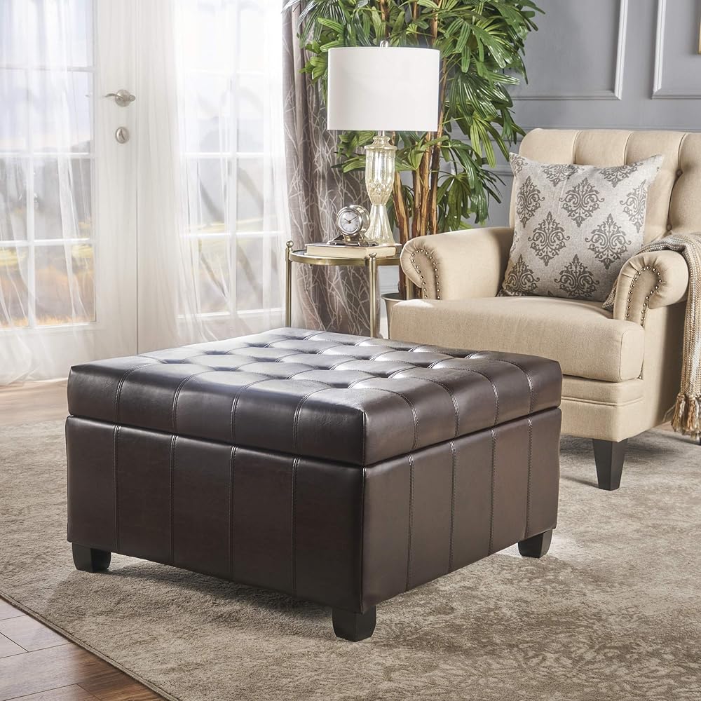 Christopher Knight Home Alexandria Bonded Leather Storage Ottoman, Marbled Brown , 31” x 31”x 18.6” : Home & Kitchen