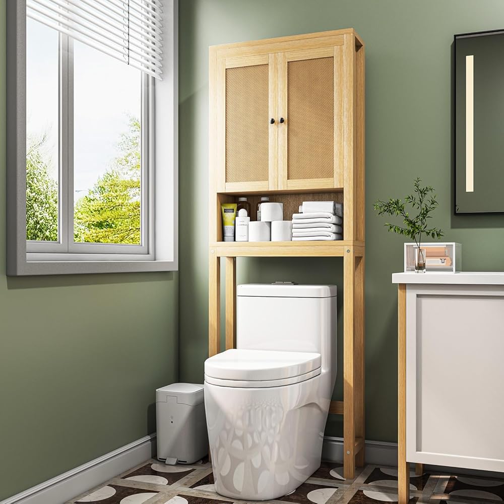 knoworld Rattan Over The Toilet Storage Cabinet, Above Toilet Bathroom Organizer with Adjustable Shelf, Behind Toilet Cabinet, Space Saver for Restroom, Bathroom, Laundry, Wood Rack, Natural : Home & Kitchen