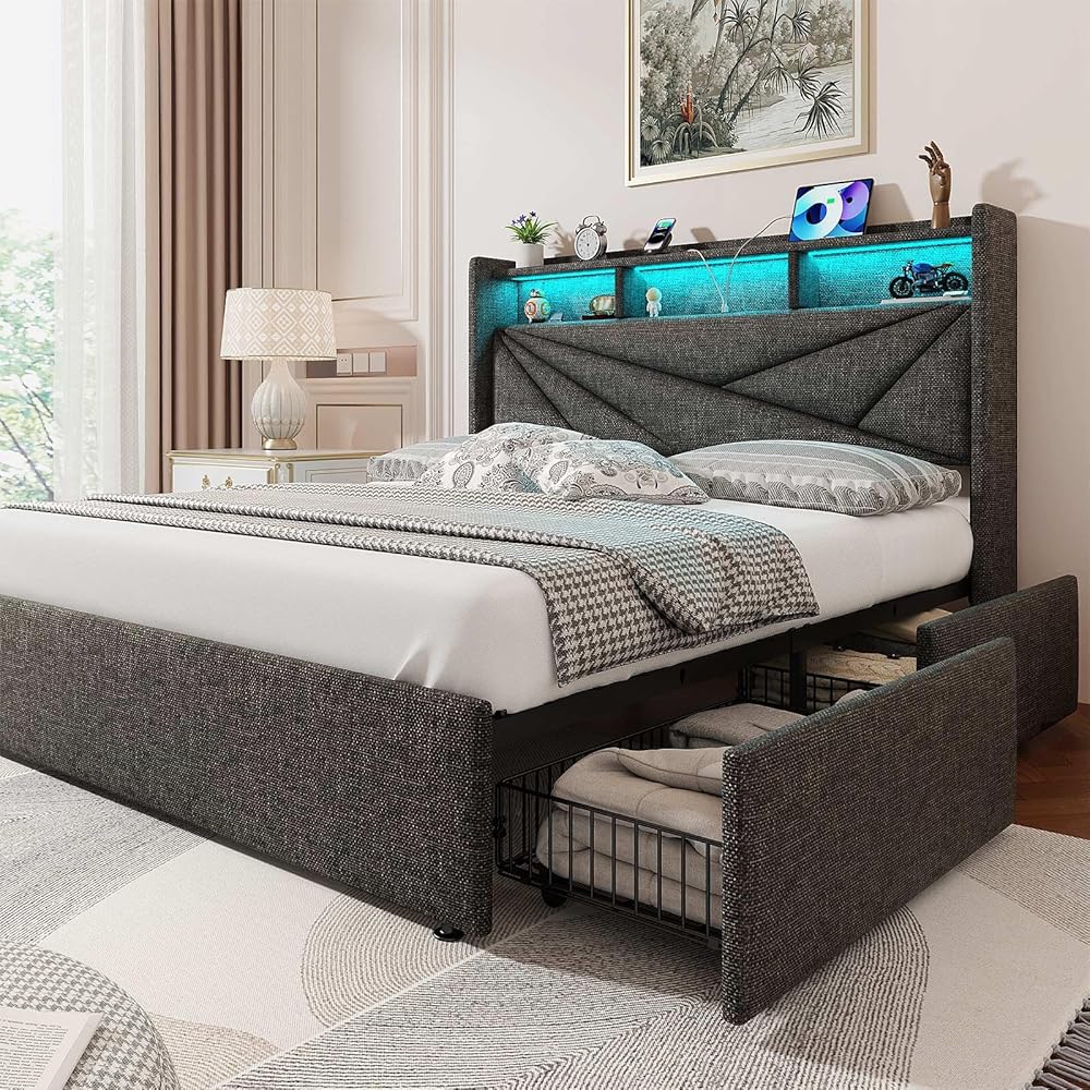 Driftalia LED King Size Bed Frame with 4 Storage Drawers, Upholstered King Bed Frame with 2-Tier Headboard and Charging Station, No Box Spring Needed, Easy to Assembly - Dark Grey : Home & Kitchen