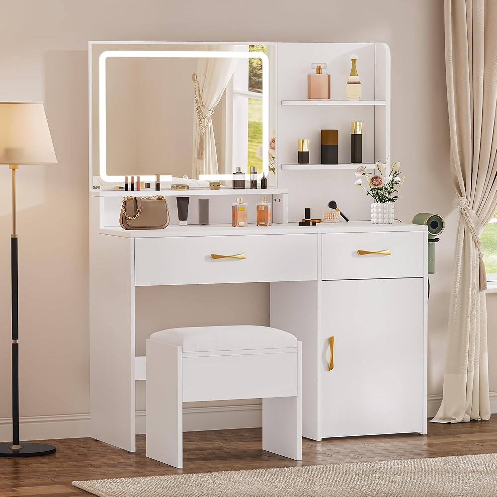 YITAHOME Vanity Desk with LED Lighted Mirror, Makeup Vanity Set with Power Strip, Drawers, Cabinet, Shelves, and Stool, Stylish White Vanity for Dressing Room : Home & Kitchen