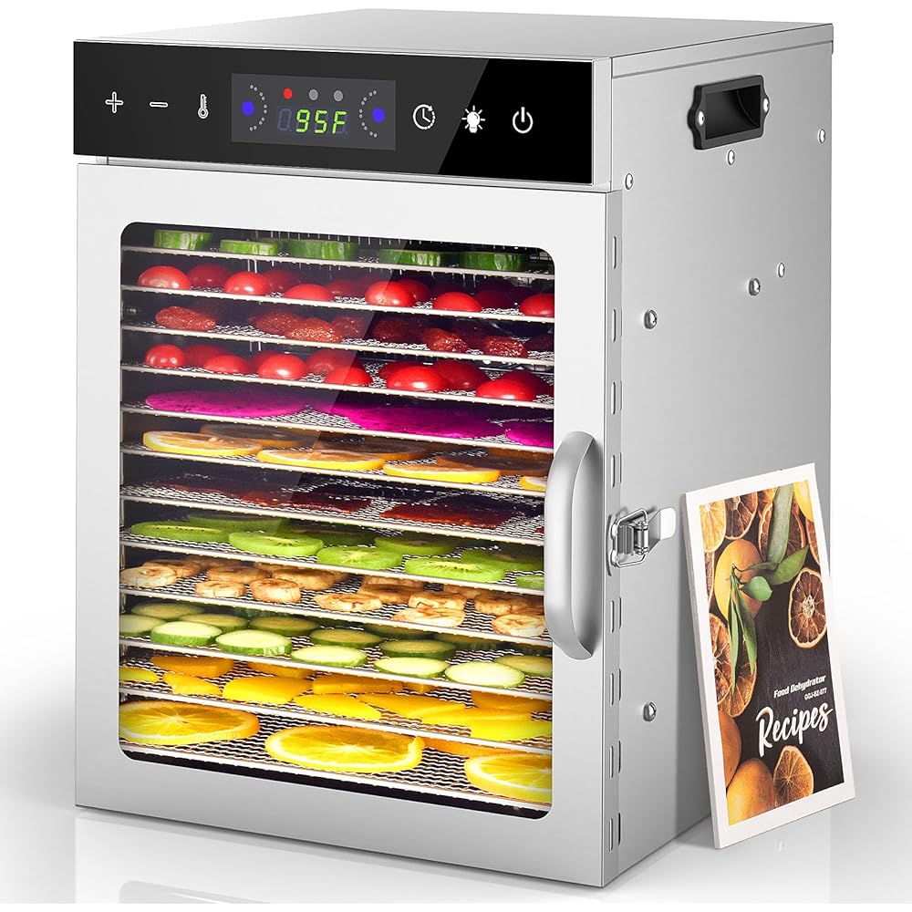 HOPERAN Food Dehydrator Machine with 12 Stainless Steel Trays – Digital Timer & Adjustable Temp Control for Jerky, Herbs, Fruits | Overheat Protection, BPA-Free, Includes Recipe Book: Home & Kitchen