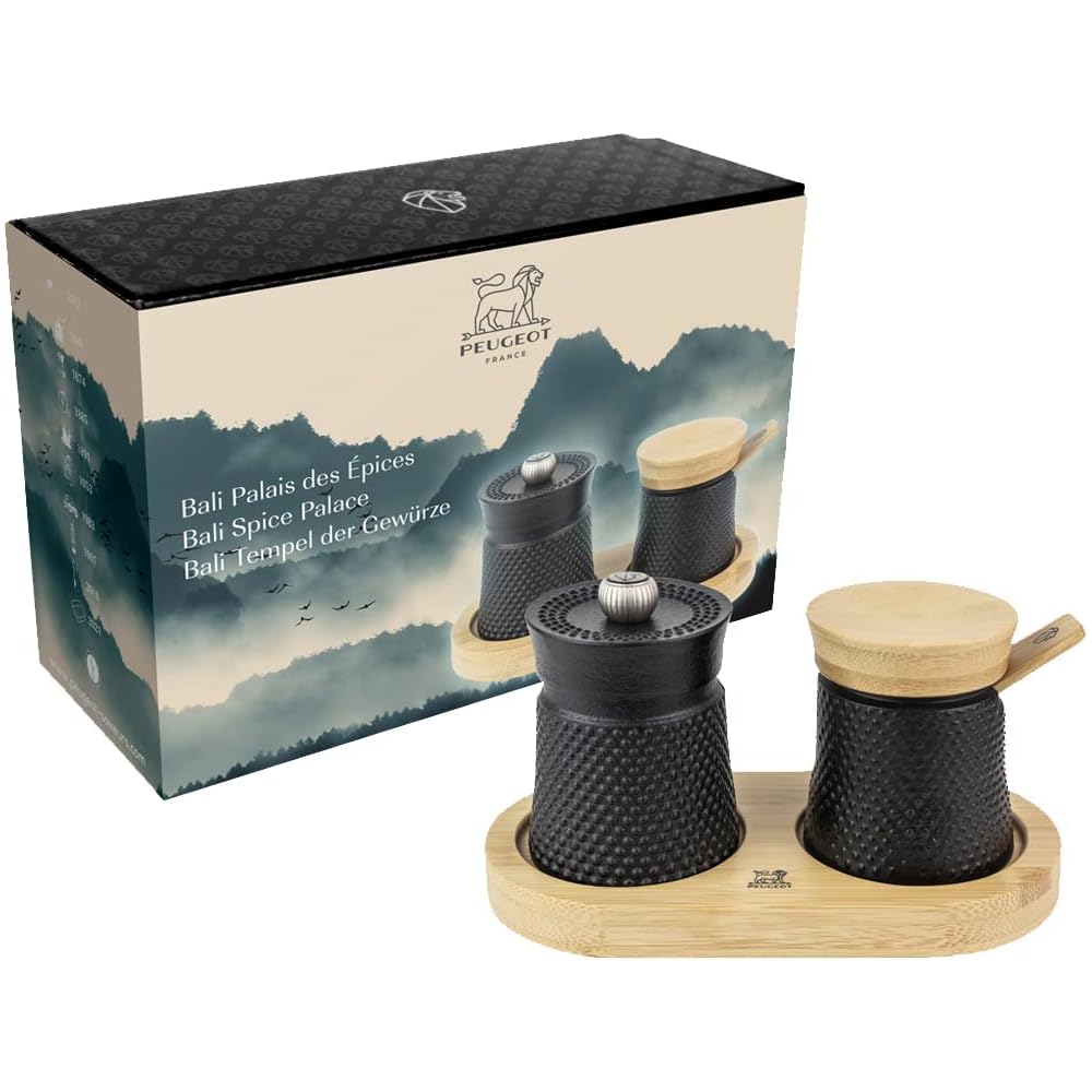 PEUGEOT - Gift Box Bali Spices Palace - 8 cm Cast Iron Pepper Mill + Cast Iron Salt Hand + Bamboo Tray - Classic Setting - Black / Natural Wood Colours: Home & Kitchen
