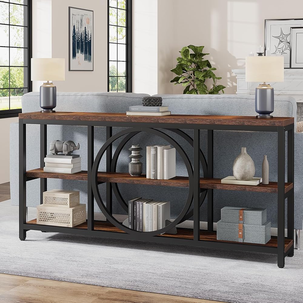 Tribesigns Extra Long Console Table, 70.9 inch Narrow Sofa Tables with 3 Tier Wood Storage Shelves Industrial Metal Frame for Entryway Hallway Living Room Behind Couch, Rustic Brown Black : Home & Kitchen