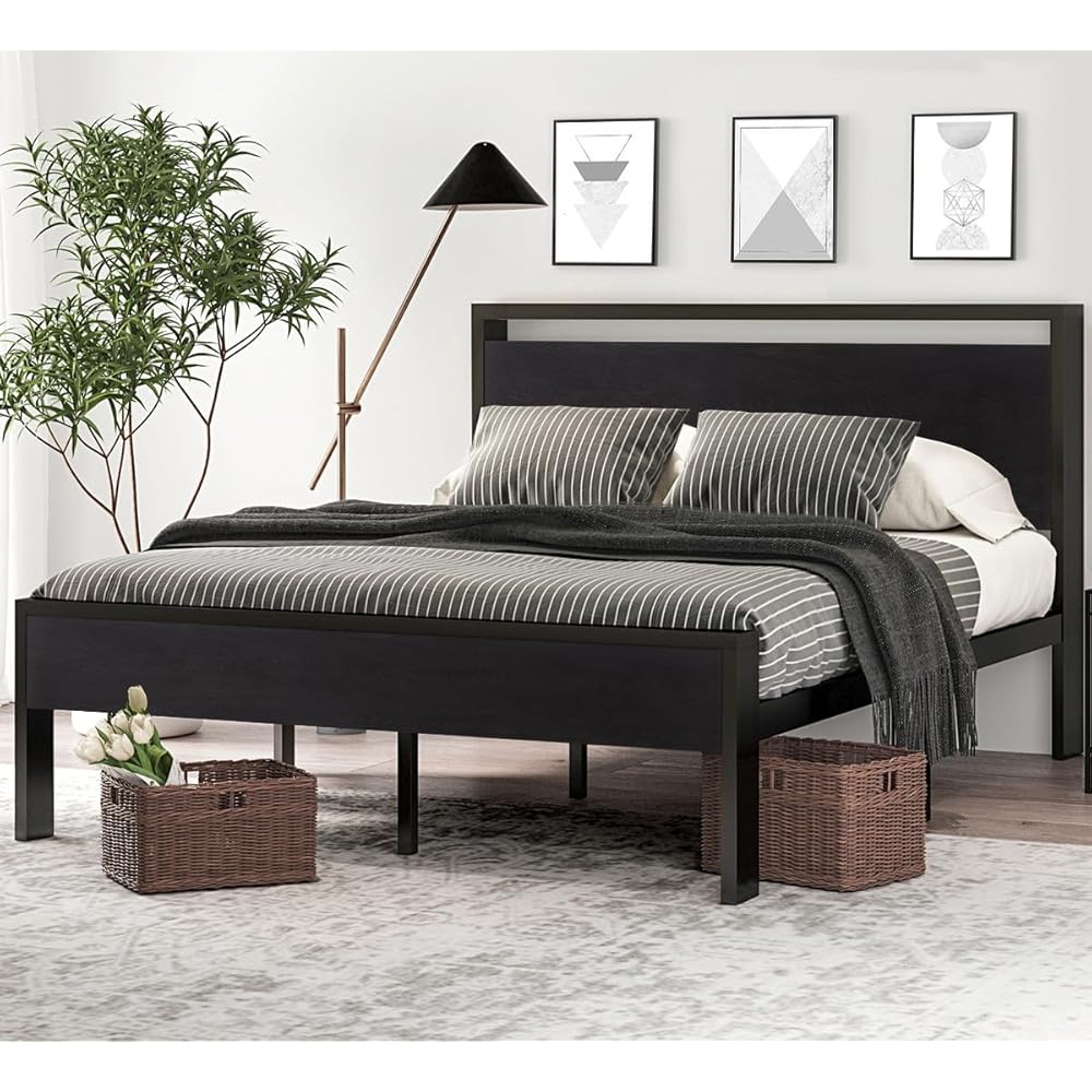 SHA CERLIN 14 Inch Full Size Metal Platform Bed Frame with Wooden Headboard and Footboard, Mattress Foundation, No Box Spring Needed, Large Under Bed Storage, Non-Slip Without Noise, Black Oak : Home & Kitchen