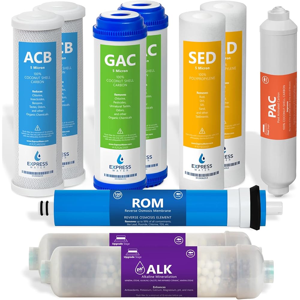 Express Water FLTSETALK1010 1 Year Alkaline Reverse Osmosis System Replacement Set – 10 100 GPD RO Membrane – 10 inch Size Water Filters, Count (Pack of 1), Blue, Green, Yellow, Pink, Purple, White : Tools & Home Improvement