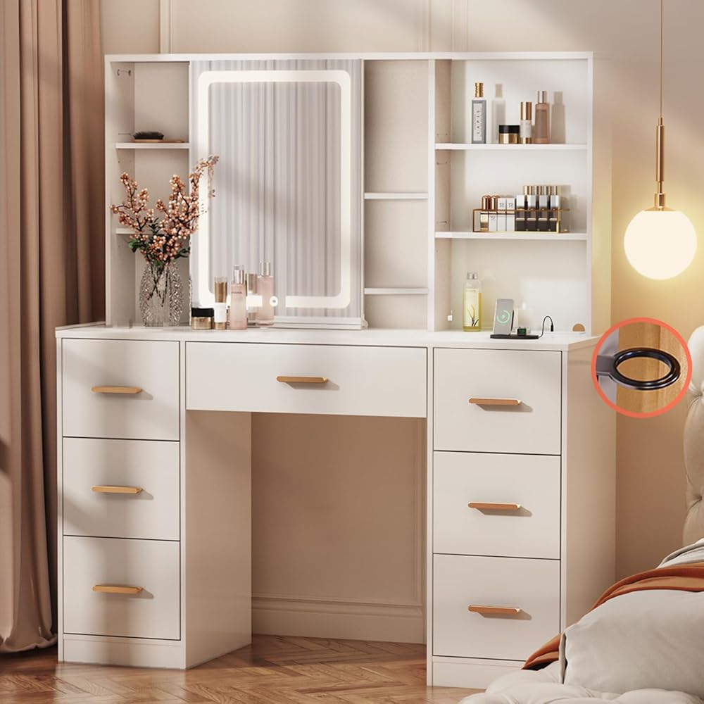 knoworld 47'' Large Vanity Desk with Mirror and Lights, 7 Drawers, 8 Storage Shelves Vanity Table, Big Makeup Vanity Desk with 3 LED Lighting Modes, Vanity Dresser with Outlet, Sliding Mirror (White) : Home & Kitchen