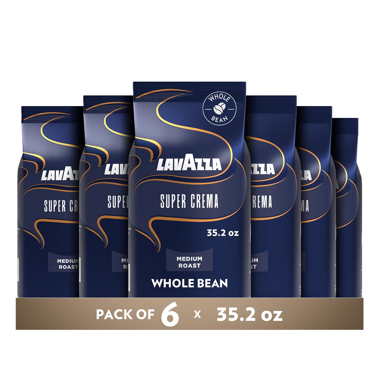 Lavazza Super Crema Whole Bean Coffee, Medium Espresso Roast, Arabica and Robusta Blend, 2.2 lb Bag, Package May Vary (Pack of 6)