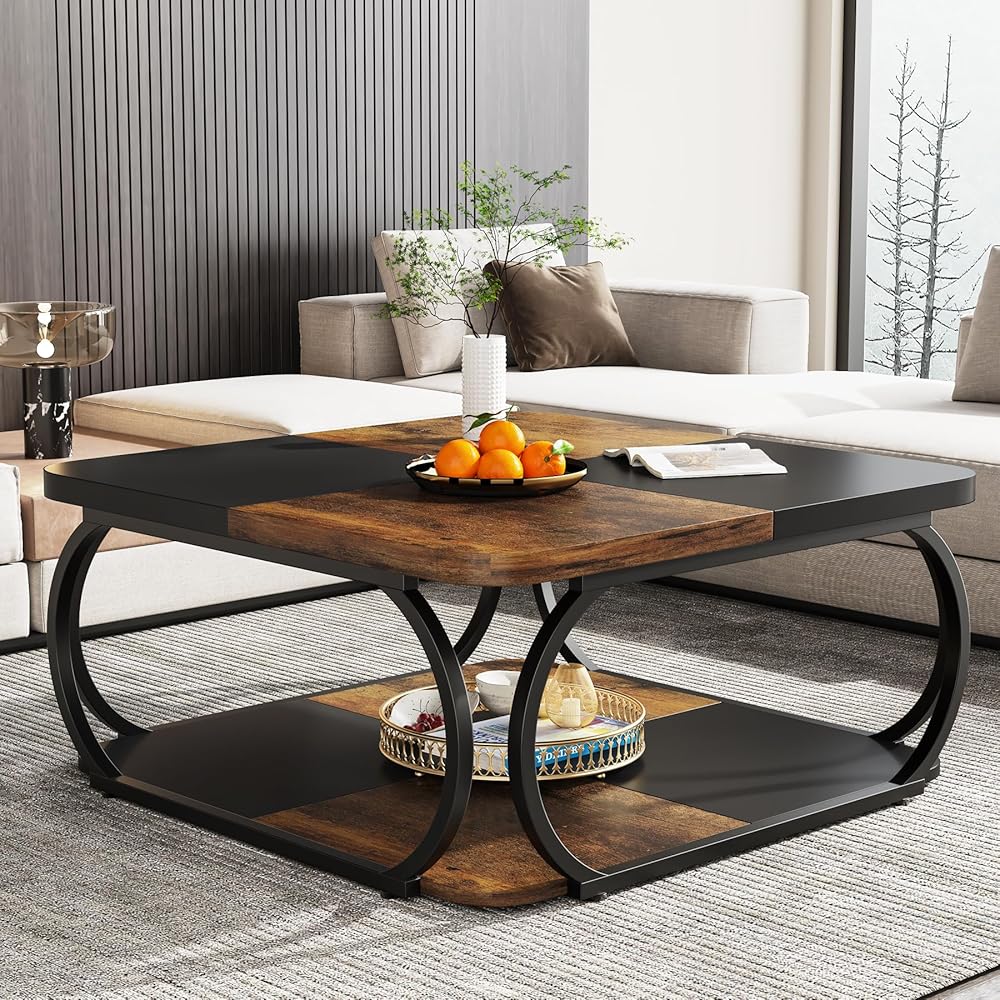 Tribesigns Square Coffee Table with 2 Tiers, 40 inches Low Farmhouse Coffee Table with Wood Storage Shelf Heavy Duty Metal Curved Frame for Modern Living Room, Black Rustic Brown : Home & Kitchen