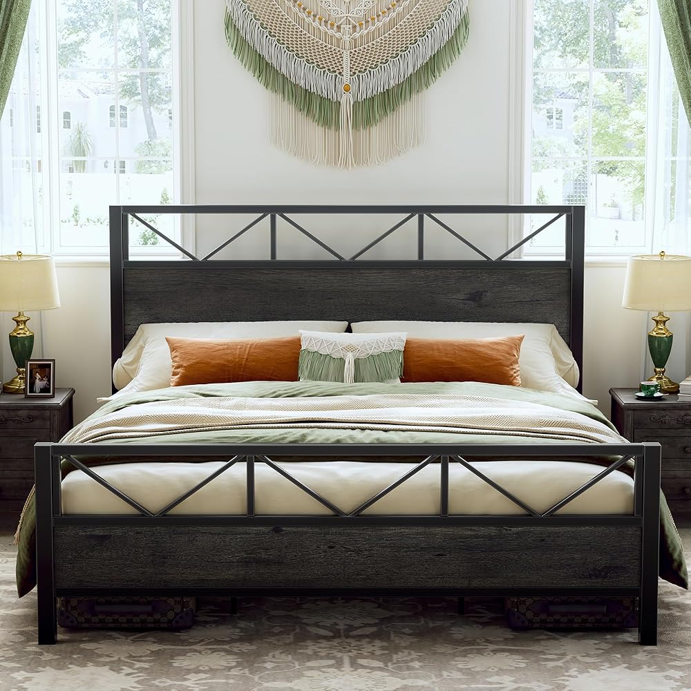 LIKIMIO King Bed Frame, Tall Industrial Headboard 51.2