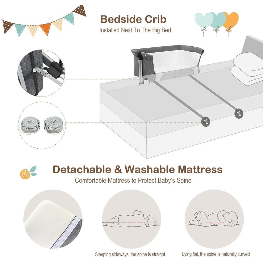 BABY JOY Baby Bedside Crib, Portable Travel Sleeper Bed Side Bassinet w/Carrying Bag, Newborn Bassinet to Infant, Kids Crib with Detachable Mattress, Height Adjustable Design, Breathable Mesh, Grey : Baby