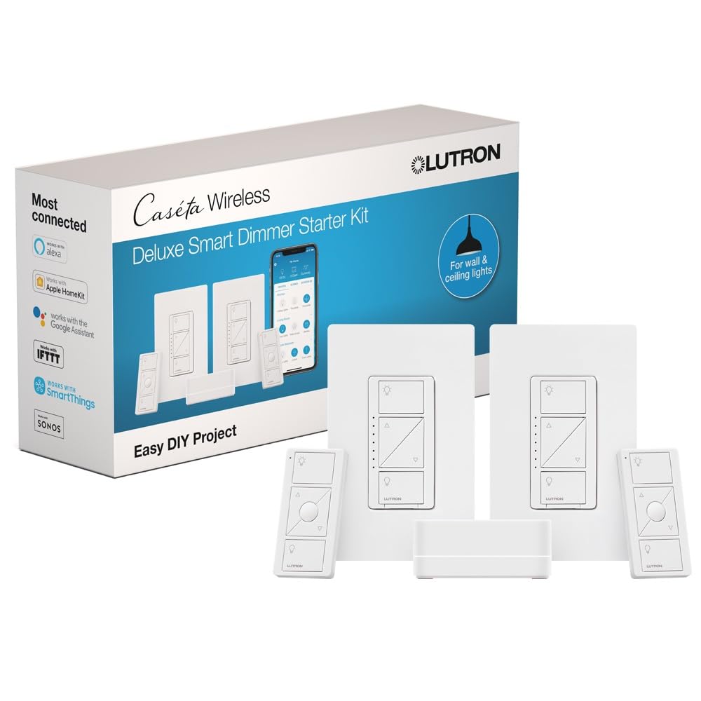 Lutron Caseta Original Smart Dimmer Switch Kit, 2 Dimmer Switches, 2 Wall Plates, 2 Pico Remotes, and Smart Hub, Works with Alexa, Apple Home, Google Home, 3 Way, 150W, No Neutral, P-BDG-PKG2W-A -