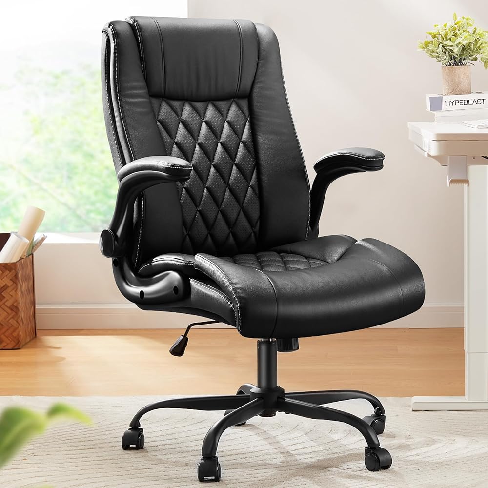 Marsail Executive Office Chair with Flip-up Armrests,PU Leather Ergonomic Desk Chair Height-Adjustable Swivel Rolling Computer Desk Chair,Black : Office Products