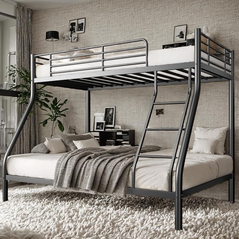 Metal Bunk Beds Twin Over Full Size with Ladder & Guardrail, Metal Bed Frame for Teens & Adults, Heavy Duty Sturdy Bunk Beds, Space Saving, No Box Spring Needed, Black : Home & Kitchen