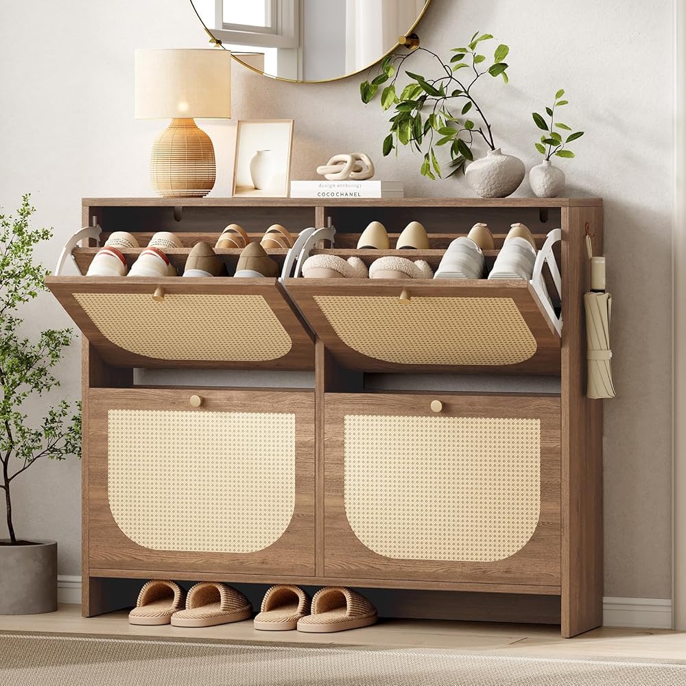 Nicetree Shoe Cabinet Storage for Entryway, Farmhouse Slim Shoe Organizers with 4 Flip Drawers, Freestanding Large Shoe Rack with 3-Tier Adjustable Shelves for Hallway,Foyer, Rustic (Oak) : Home & Kitchen