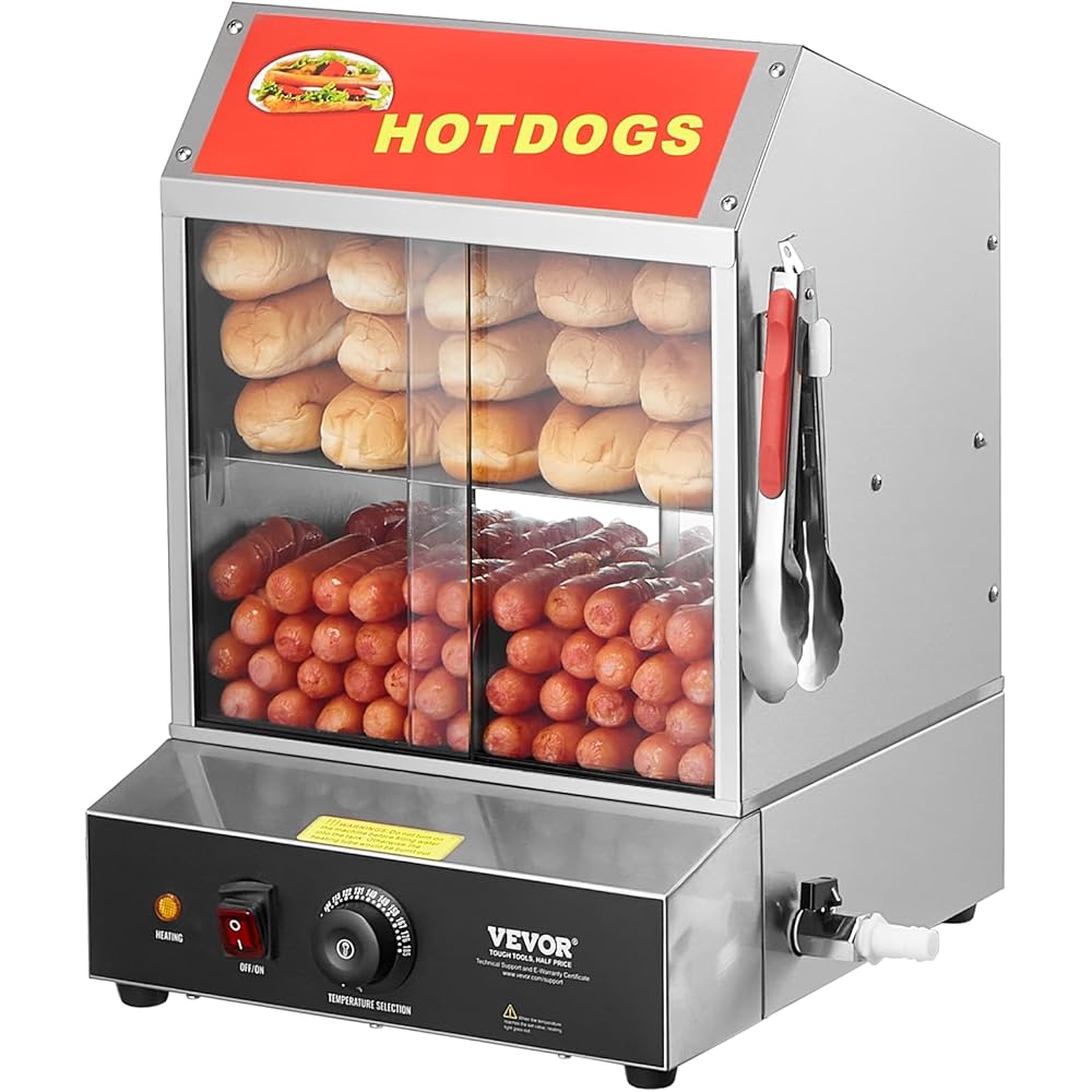 VEVOR Hot Dog Steamer, 28.5QT, 2-Tier Hot Dog Hut Steamer, 86℉~185℉ Temperature Control, Electric Bun Warmer with Tempered Glass Slide Doors Partition Plate Tong, Stainless Steel, for Hot Dogs & Buns : Industrial & Scientific
