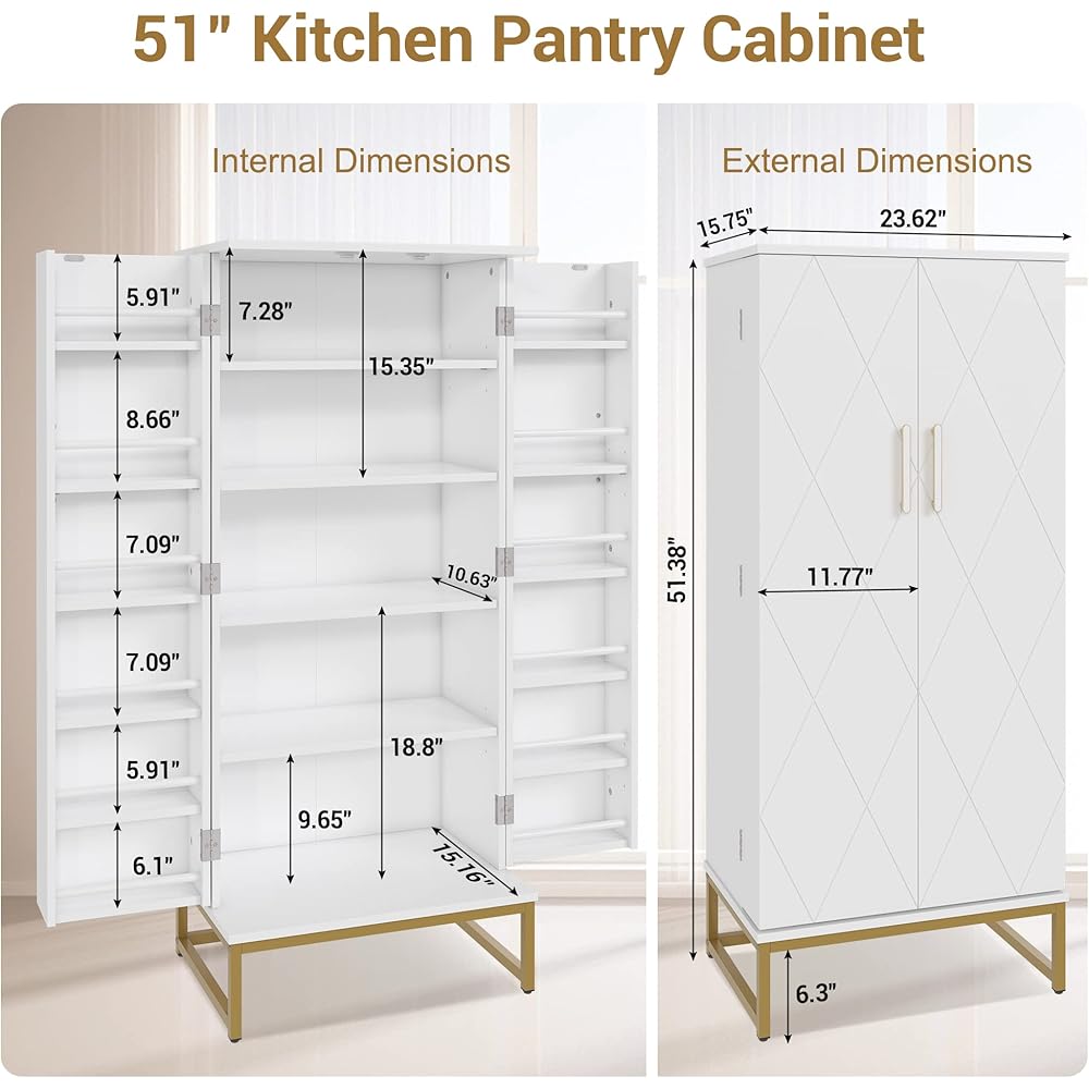 kepptory 51” Pantry Cabinets, White Freestanding Kitchen Pantry Storage Cabinet with Adjustable Shelves, Buffet Cupboards Storage Cabinet for Home Office Use, White + Gold : Home & Kitchen