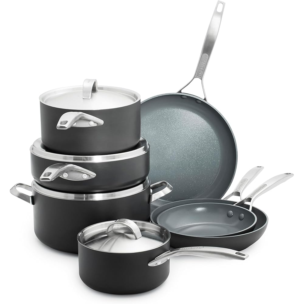 GreenPan Paris Pro Hard Anodized Healthy Ceramic Nonstick, 11 Piece Cookware Pots and Pans Set with Stainless Steel Lids, PFAS-Free, Dishwasher Safe, Grey: Home & Kitchen