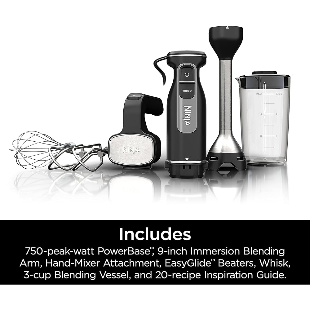 Ninja Hand Mixer, Immersion Blender, Foodi Power Mixer System, 750-Peak-Watt Handheld Emulsion Blender & Electric Hand Mixer Combo With Whisk, Beaters & 3-Cup Blending Vessel,120 volts, Black CI101: Home & Kitchen