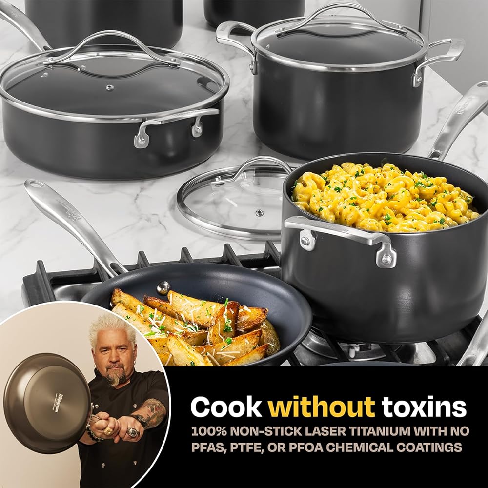 Guy Fieri's Flavortown Laser Titanium 12 Piece Set - Non-stick Cookware Set Without PFAS, PTFE, or PFOA, 3x More Durable, Dishwasher Safe, Oven Safe