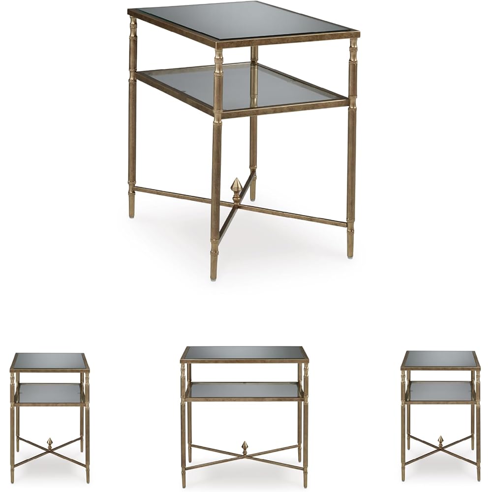 Signature Design by Ashley Cloverty Industrial Mirror-Tabletop End Table with Round Legs and Glass Shelf, Metallic : Home & Kitchen
