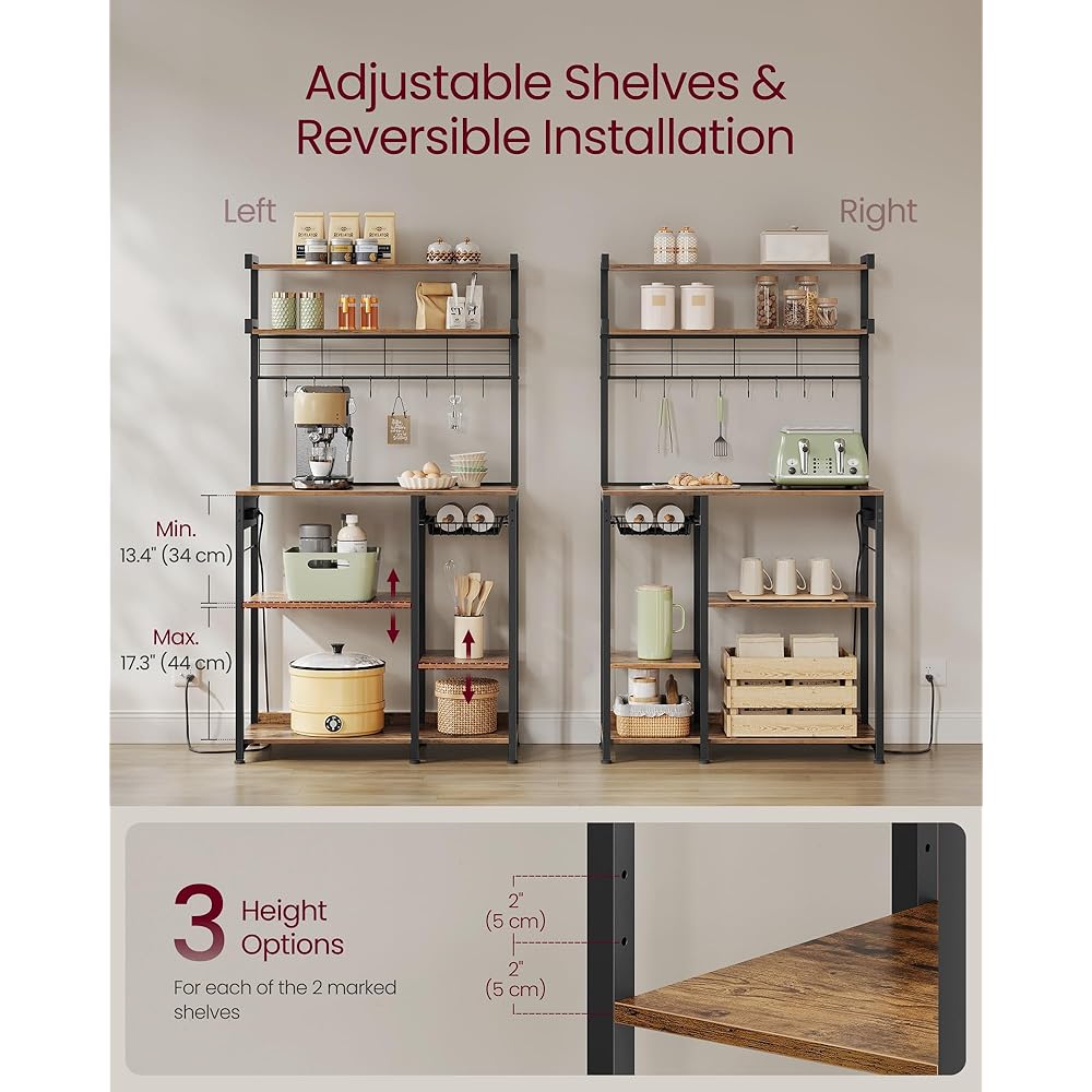 - VASAGLE Bakers Rack with Power Outlet, 35.4 Inches Microwave Stand, Coffee Bar, 4 AC Outlets, with Adjustable Shelves, 8 S-Hooks, Basket, Spice Racks, Rustic Brown and Ink Black UKKS031K01 - Standing Baker's Racks