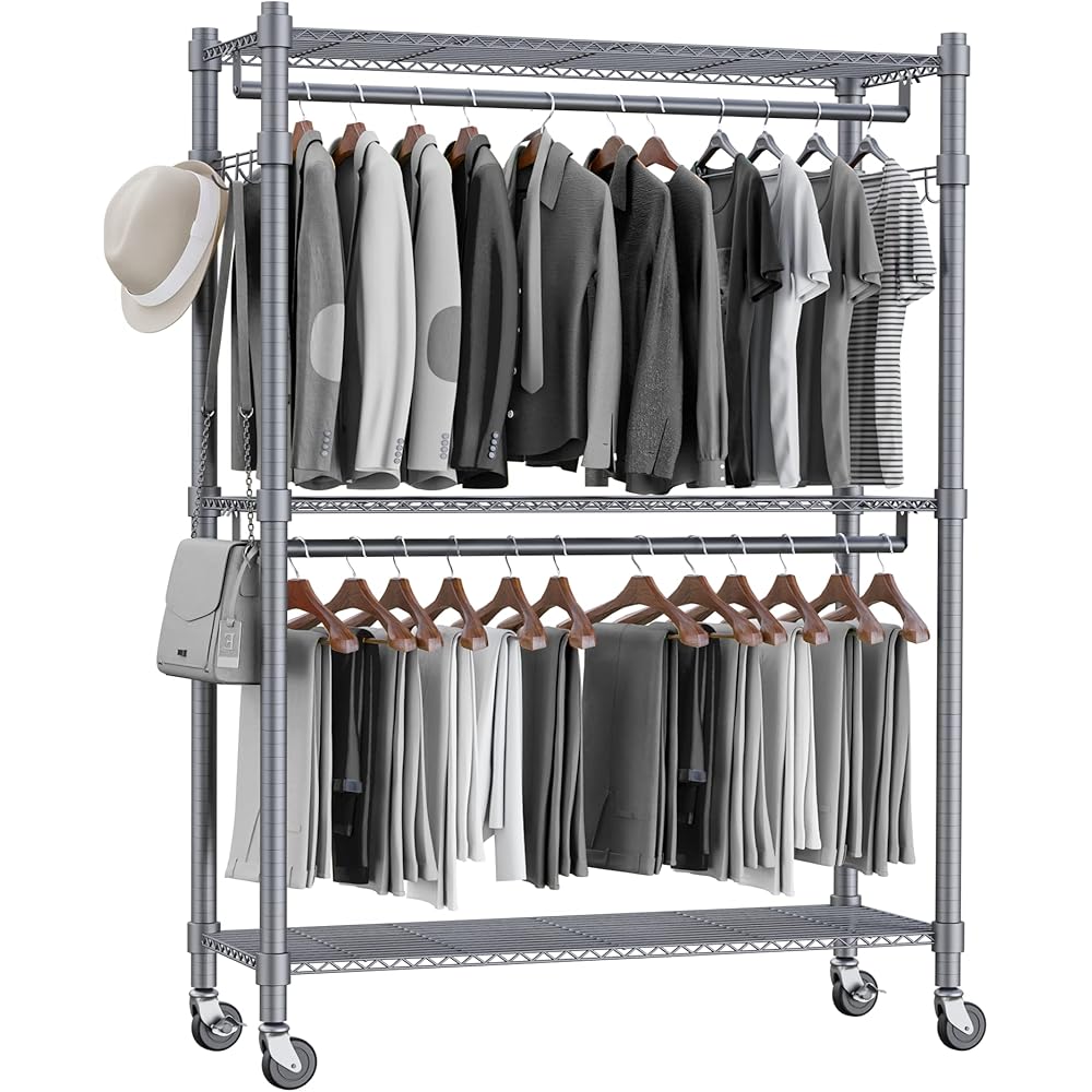 Homdox 3 Shelves Wire Shelving Clothing Rolling Rack Heavy Duty Commercial Grade Garment Rack with Wheels and Side Hooks (One Pair Hook and Two Hanging Rods Gray) : Home & Kitchen