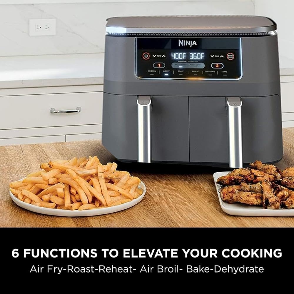 Ninja DZ201 Foodi 8 Quart 6-in-1 DualZone 2-Basket Air Fryer with 2 Independent Frying Baskets, Match Cook & Smart Finish to Roast, Broil, Dehydrate & More for Quick, Easy Meals, Grey : Home & Kitchen