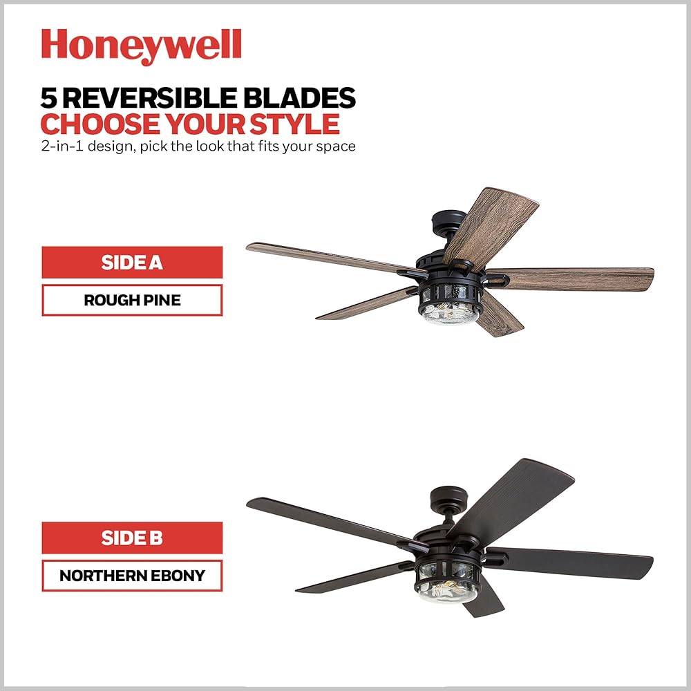 Honeywell Ceiling Fans Bonterra Modern 52 Inch Ceiling Fan with Light, Remote Control Fan, LED Indoor Fan with 5 Blades, Brown Pine and Black Blade Finish Options, Matte Black (50690-01) -
