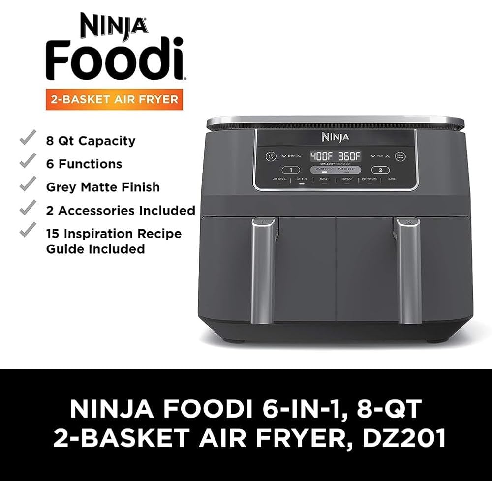 Ninja DZ201 Foodi 8 Quart 6-in-1 DualZone 2-Basket Air Fryer with 2 Independent Frying Baskets, Match Cook & Smart Finish to Roast, Broil, Dehydrate & More for Quick, Easy Meals, Grey : Home & Kitchen