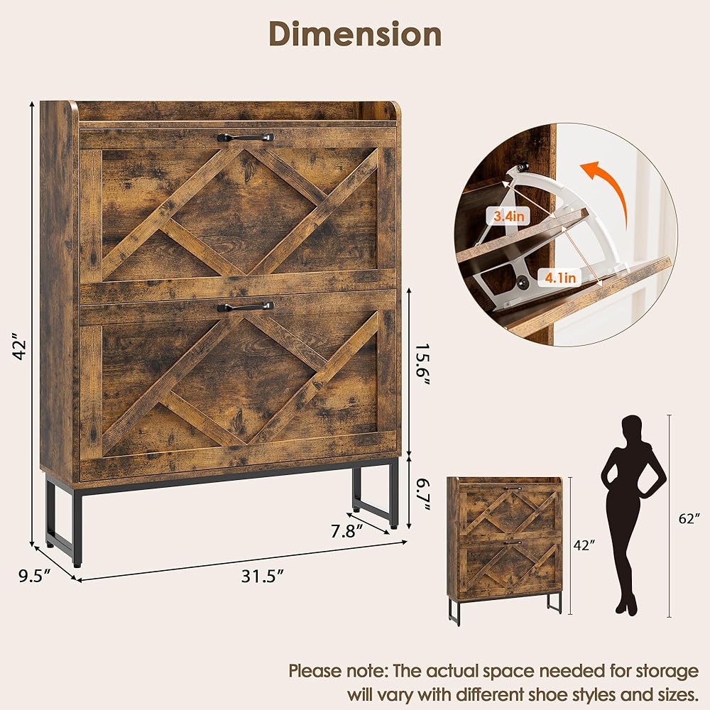 Nicetree Shoe Cabinet with 2 Flip Drawers, Freestanding Shoe Organizer with Metal Legs, Narrow Shoe Rack Cabinet, Farmhouse Slim Shoe Storage Cabinet for Entryway, Foyer, Hallway, Rustic Brown : Home & Kitchen