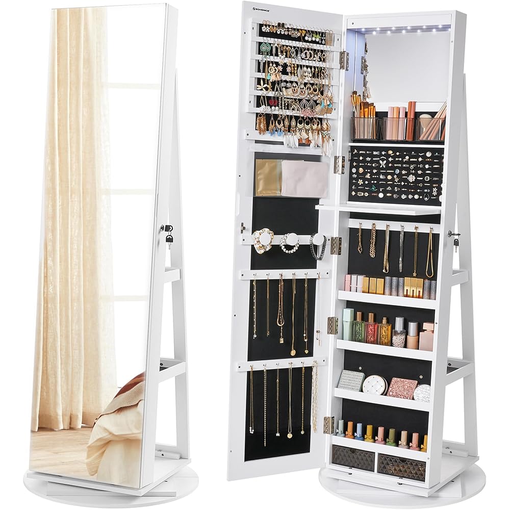 SONGMICS 6 LEDs Lockable Mirror Jewelry Cabinet, 360° Swivel Jewelry Organizer Armoire Standing, Frameless Full-Length Mirror, 3 Storage Shelves, White Surface, Black Lining UJJC007W01 : Clothing, Shoes & Jewelry