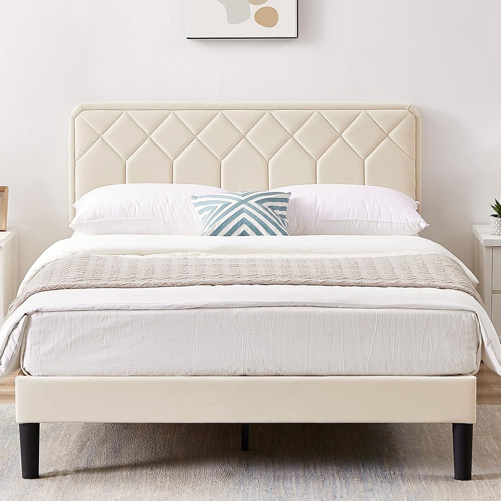VECELO Queen Size Bed Frame Premium Velvet Upholstered Platform with Height Adjustable Headboard/Mattress Foundation, Solid Wooden Slat Support, No Box Spring Needed/Easy Assembly : Home & Kitchen