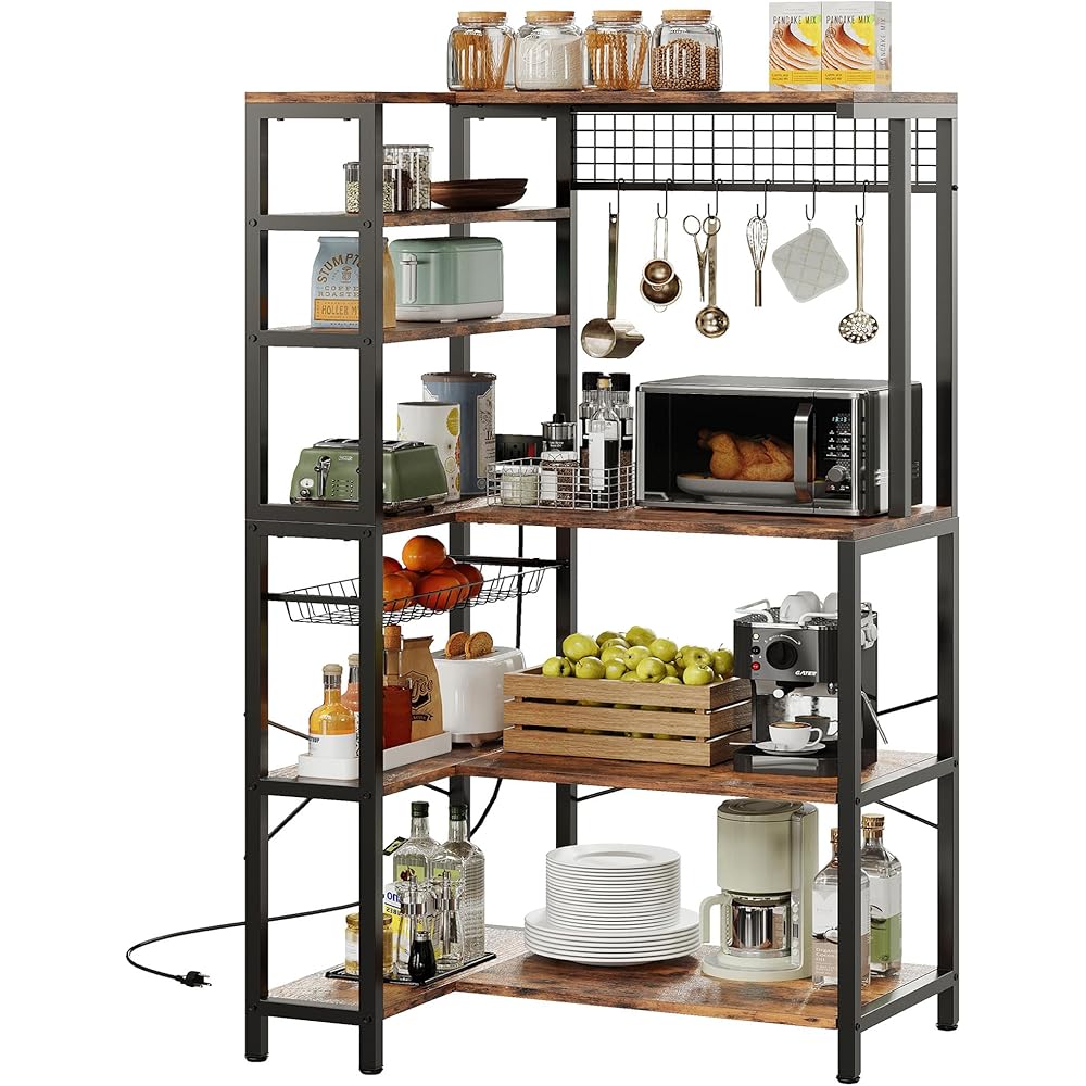 - IRONCK Bakers Rack with Power Outlet, 5-Tier Corner Microwave Stand with Storage, Coffee Bar with 6 S-Shaped Hooks, Kitchen Shelves with Wire Basket - Standing Baker's Racks