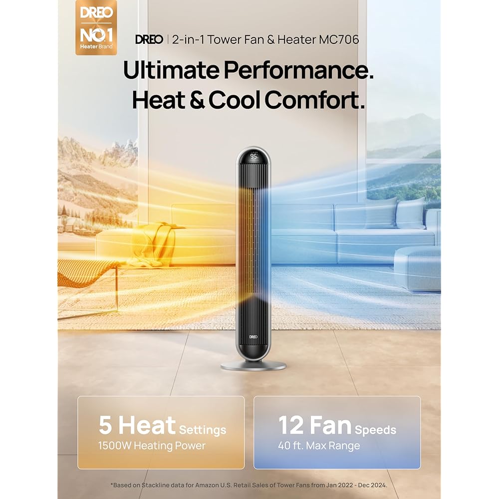 Dreo Tower Fan and Heater Combo, 29.2ft/s Standing Fans for Bedroom, 17 Levels, 6 Modes, 120° Oscillation, 42 Inch, 12H Timer, 25dB Quiet, with Remote, for Office, Large Room, Silver : Home & Kitchen