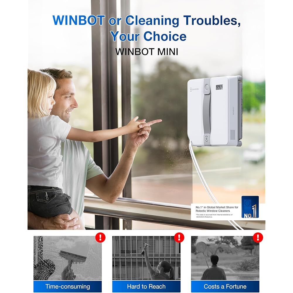 - ECOVACS WINBOT Mini Window Cleaning Robot - Compact Design, Dual Nozzles with Ultrasonic Spray, 9-Stage Protection System, Intelligent Path Planning, 3 Cleaning Modes, Anti-Slipping System