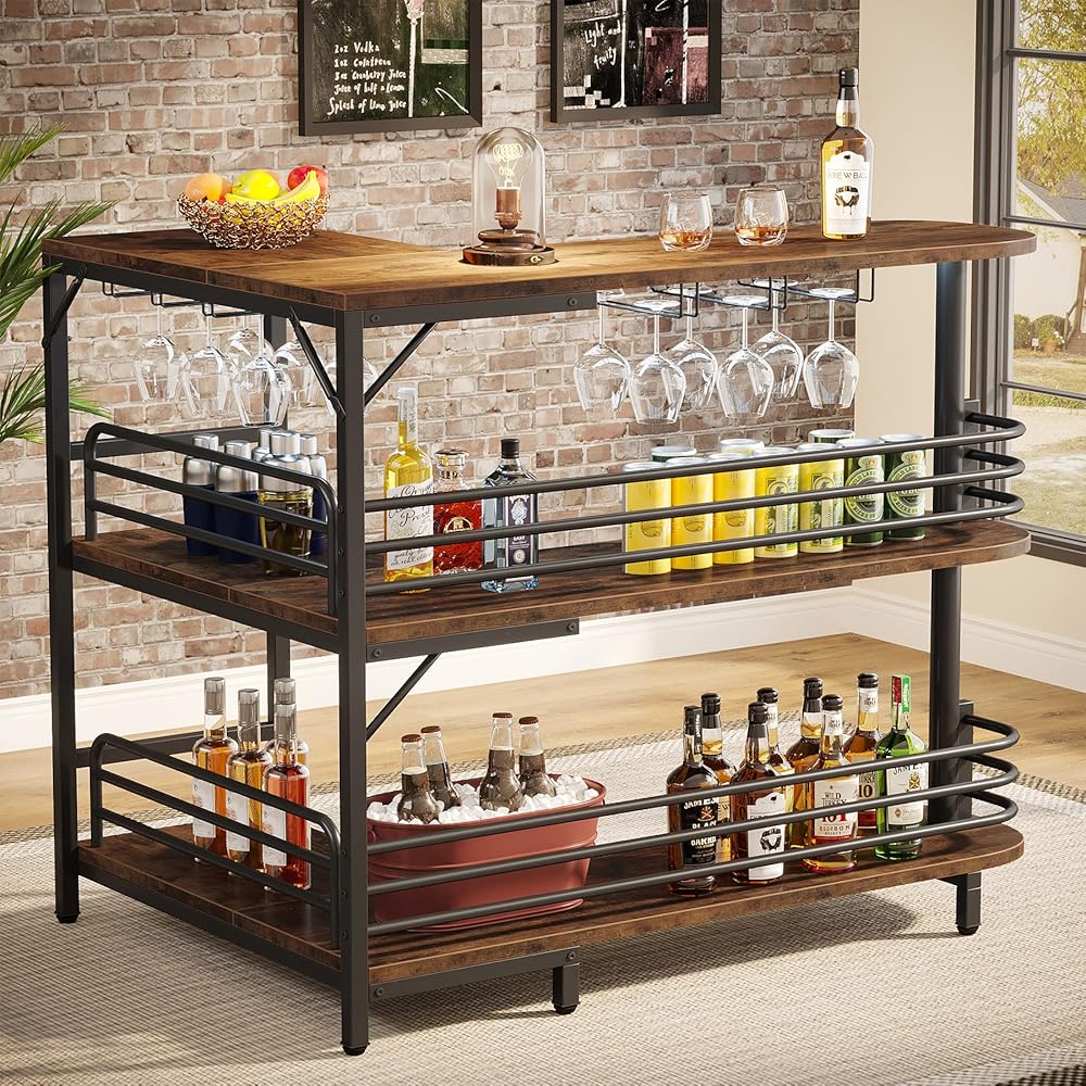 Tribesigns L-Shaped Home Bar Unit, 3 Tier Liquor Table With Storage Shelves and Wine Glasses Holder, Industrial Corner Wine Cabinet Mini Bar for Home Kitchen Pub, Rustic Brown : Home & Kitchen