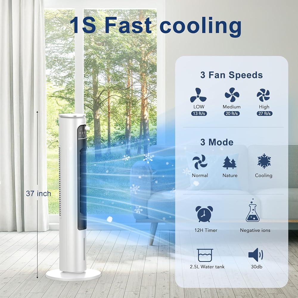 Windowless Portable Air Conditioner Ac Unit with Remote,37” Ventless Evaporative Air Cooler,Quiet Swamp Cooler for 4 Modes, Ductless Tower Fan For 12H Timer, Ice Packs for home Bedroom Indoor White : Home & Kitchen