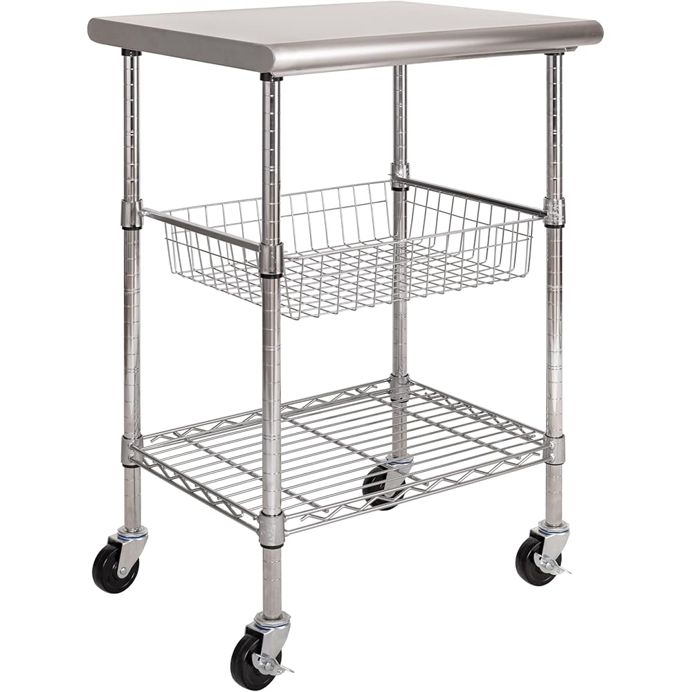 Seville Classics Commercial Work Table Island Utility Cart Prep Station, for Restaurant, Kitchen, Warehouse, Garage, Hotel, Home, Stainless-Steel Top NSF , 24