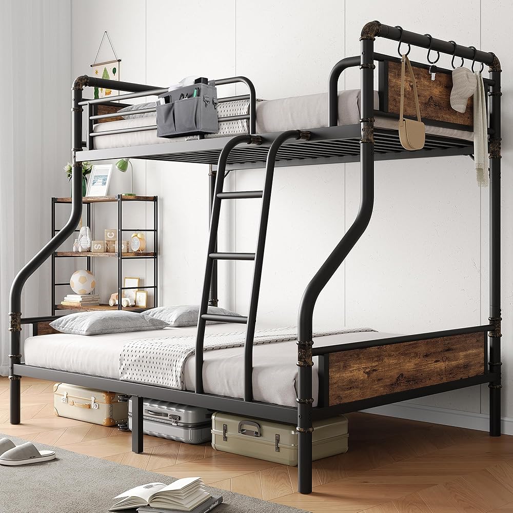 Bunk Bed Twin Over Full, Heavy Duty Metal Bunkbeds with Ladder and Full-Length Guardrail, Convertible into 2 Individual Beds for Kids, Teens and Adults, Under-Bed Storage Space, Vintage Brown : Home & Kitchen