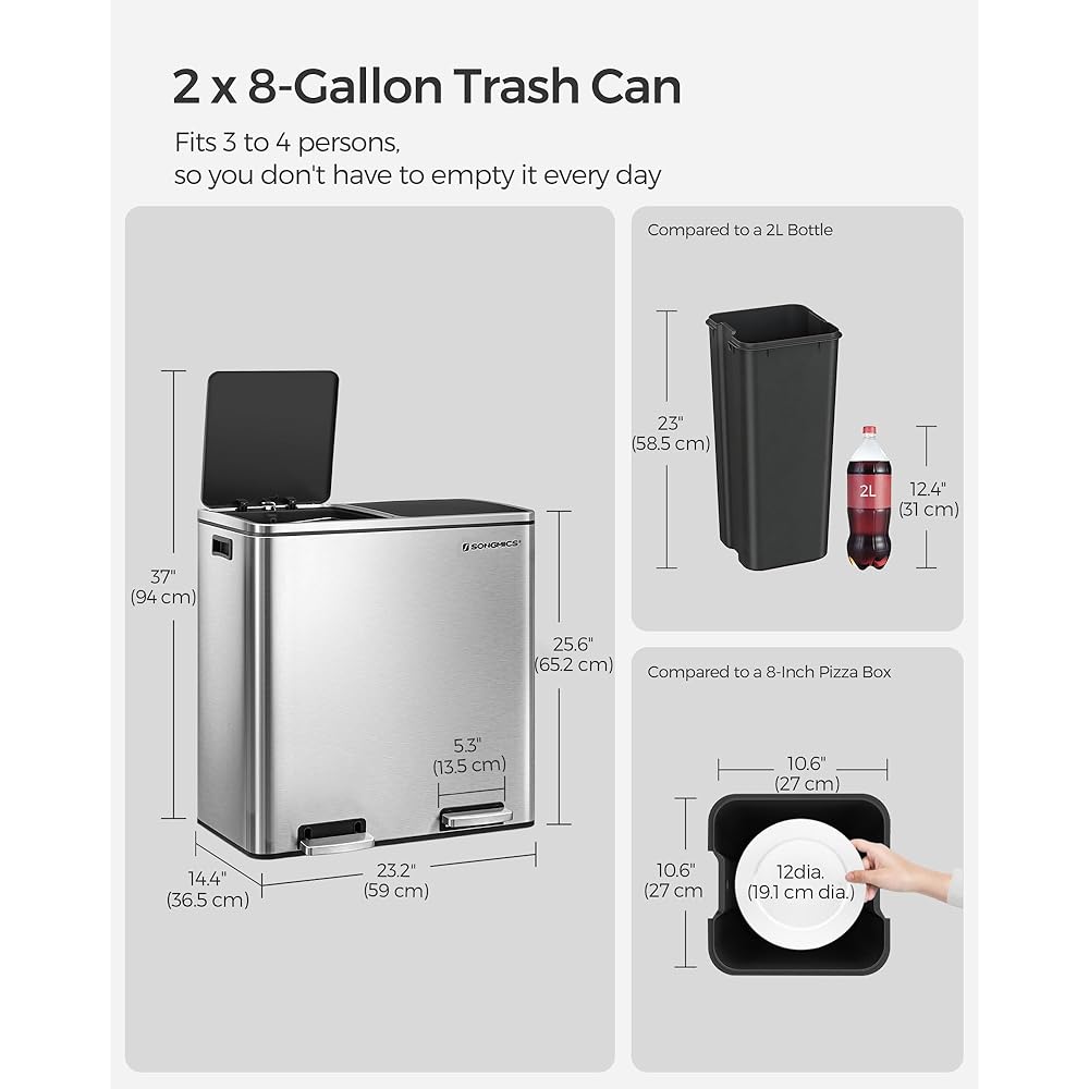 SONGMICS Trash Can, 2 x 8 Gallon (2 x 30 L) Garbage Can for Kitchen, with 15 Trash Bags, 2 Compartments, Plastic Inner Buckets and Hinged Lids, Airtight, Silver and Black ULTB60NL