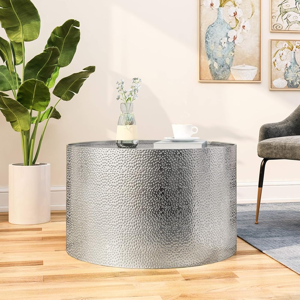Christopher Knight Home Rache Modern Round Coffee Table with Hammered Iron, Silver, 26. 00” L x 26. 00” W x 17. 25” H : Home & Kitchen
