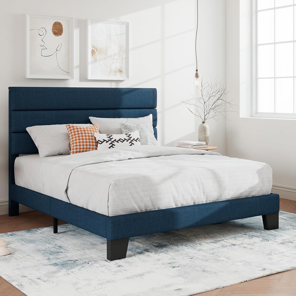 SHA CERLIN Full Platform Bed Frame with Upholstered Fabric Headboard, Mattress Foundation with Strong Wooden Slats Support, No Box Spring Needed, Blue : Home & Kitchen