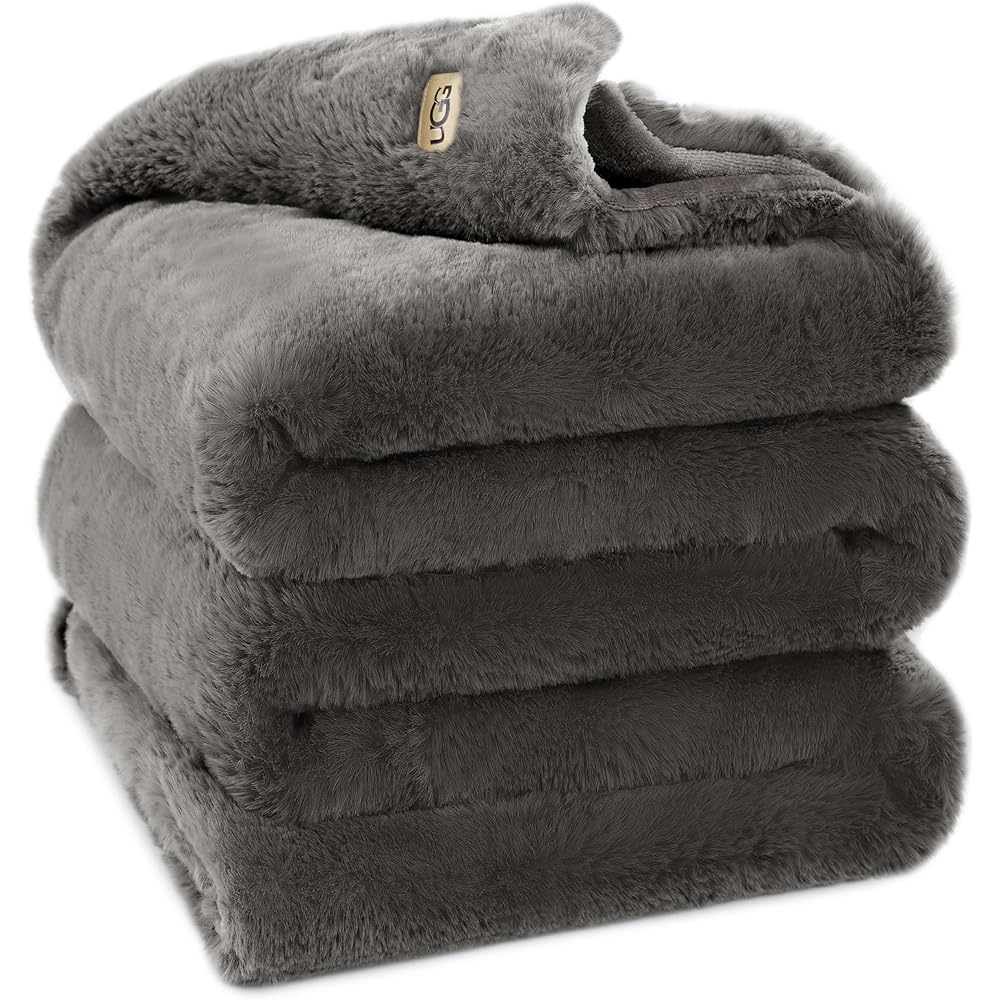 UGG Euphoria Plush Faux Fur Throw Blanket Medium Weight Reversible Luxury Soft Throw for Couch Bed or Chair Hypoallergenic Machine Washable Home Decor Blanket, 50-inch x 70-inch, Charcoal Dark Grey : Home & Kitchen