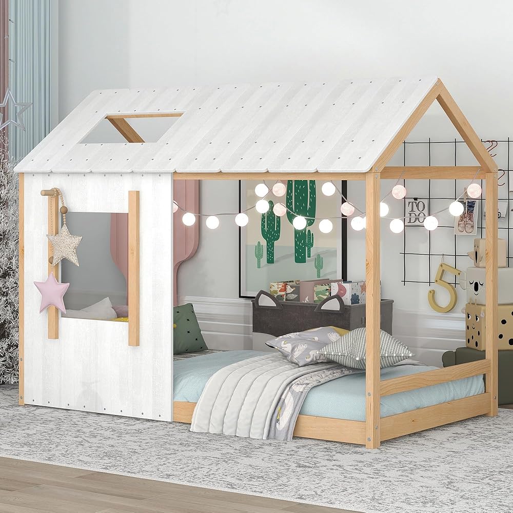 Twin Size Montessori Bed Frame, Twin Size House Floor Bed Frame with Headboard, Roof and Window, Wood Montessori Floor Bed for Kids, Twin Size Bed Frame Natural Antique White : Home & Kitchen