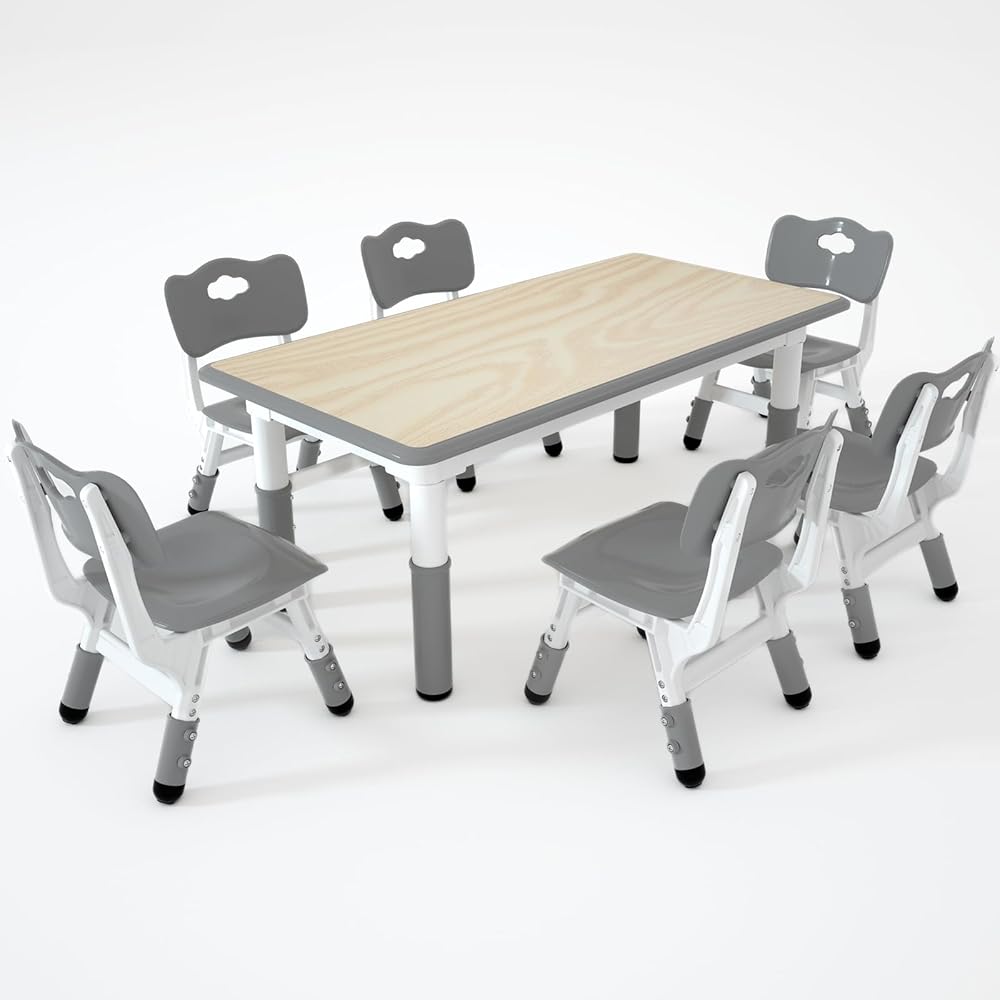 LulliSpace Kids Table and 6 Chairs Set,Height Adjustable Children Table & Chair,Toddlers Study Multi-Activity Table with 47.2