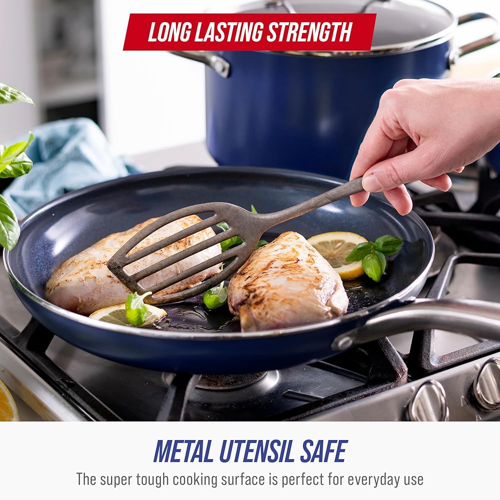 Blue Diamond 14 Piece Nonstick Cookware Set, Diamond Ceramic Pots & Pans, Dishwasher & Metal Utensil Safe, Non Toxic PFAS-Free, Kitchen Cooking Sauce & Saute Pans, Oven & Broiler to 600F, Blue: Home & Kitchen