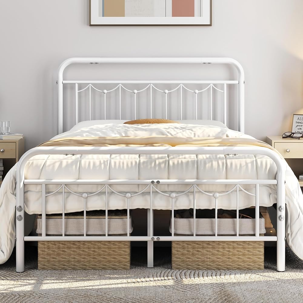 Yaheetech Full Size Metal Bed Frames with Vintage Headboard and Footboard, Farmhouse Metal Platform Bed, Heavy Duty Steel Slat Support, Ample Under-Bed Storage, No Box Spring Needed, White : Home & Kitchen