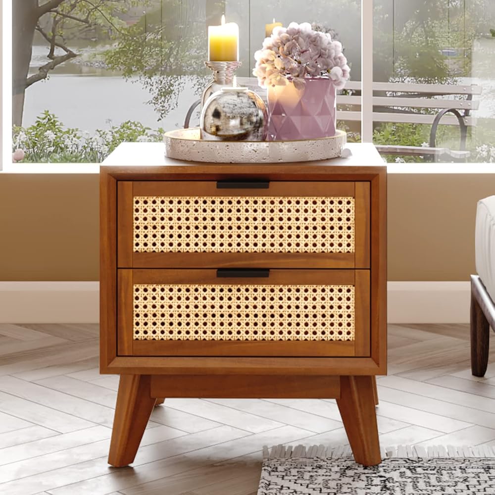 Bme Jasper Deluxe Solid Wood Rattan Nightstand Fully Assembled-Mid Century Modern Side Table with 2 Drawers-Multipurpose use for Living Room, Bedroom-Dark Chocolate : Home & Kitchen