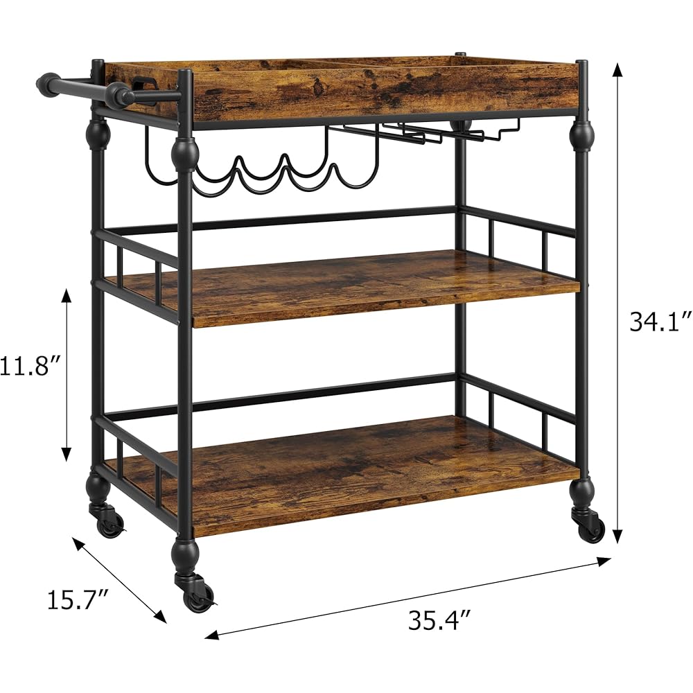 Bar Cart, Bar Carts for The Home, 3 Tier Serving Cart with Wheels, Home Bar & Serving Carts, Metal Rolling Cart with Wine Rack & Removable Tray for Kitchen, Dining Room, Living Room-Retro Brown : Home & Kitchen