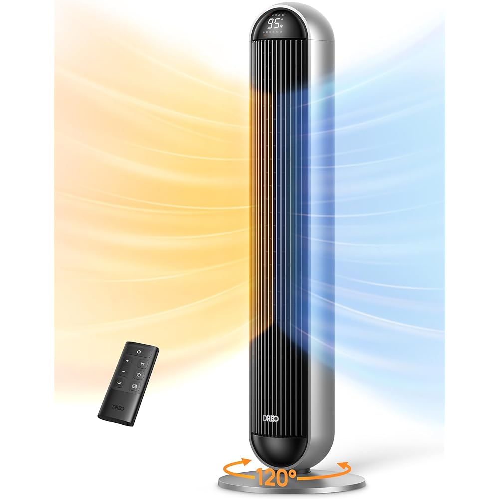 Dreo Tower Fan and Heater Combo, 29.2ft/s Standing Fans for Bedroom, 17 Levels, 6 Modes, 120掳 Oscillation, 42 Inch, 12H Timer, 25dB Quiet, with Remote, for Office, Large Room, Silver : Home & Kitchen